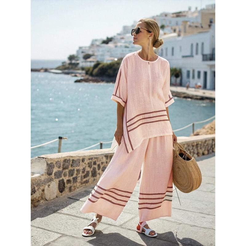 1D European and American style plus-size loose casual five-quarter sleeve women's summer fashion seaside vacation beach two-piece set