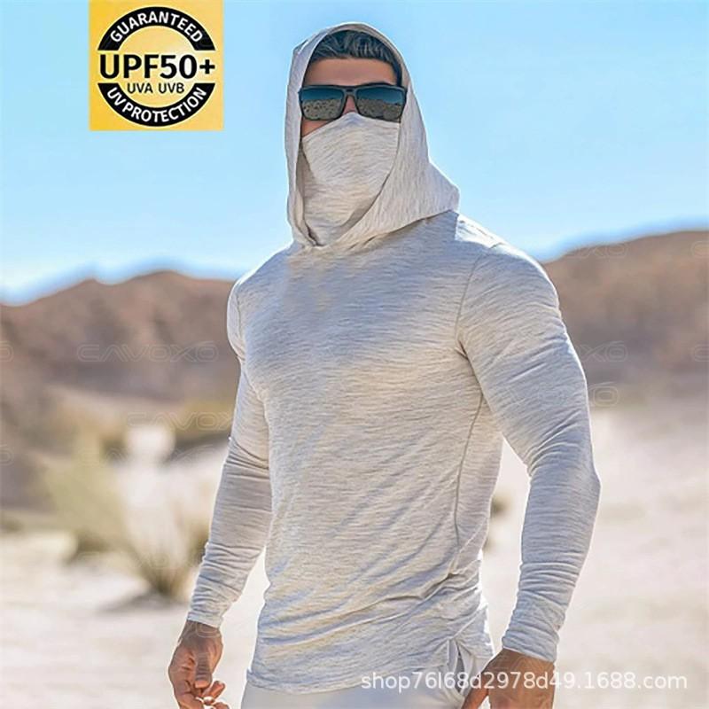 Mens Long Sleeve UPF 50 Quick Dry Hooded Rash Guard Surfing Diving Fishing Outdoor Sports