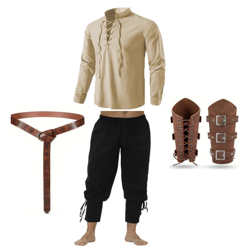 Средневековый Пиратский Костюм для Мужчин из Шелковой Ткани с Полосатыми Штанами для Хэллоуина