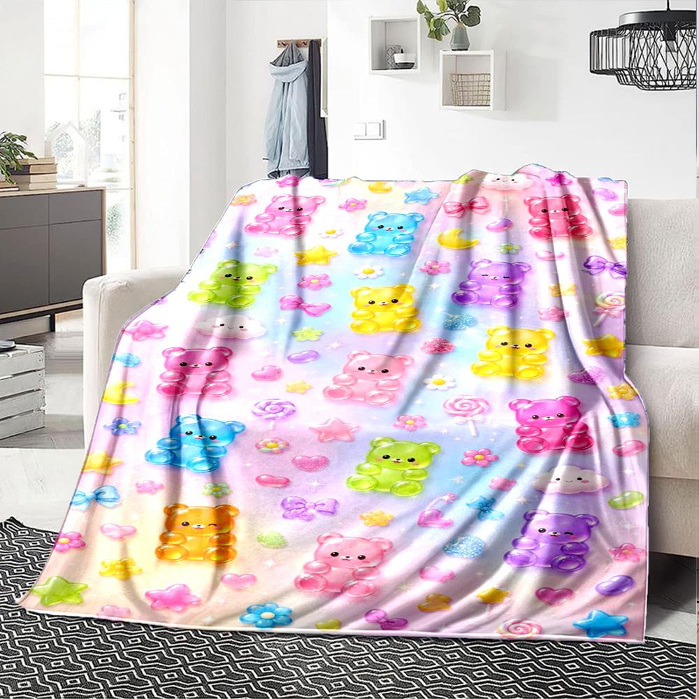 Rainbow Gummy Bear Print Flannel Blanket High Quality Warm Comfortable Cover for All Seasons Perfect for Gifts Home Decor