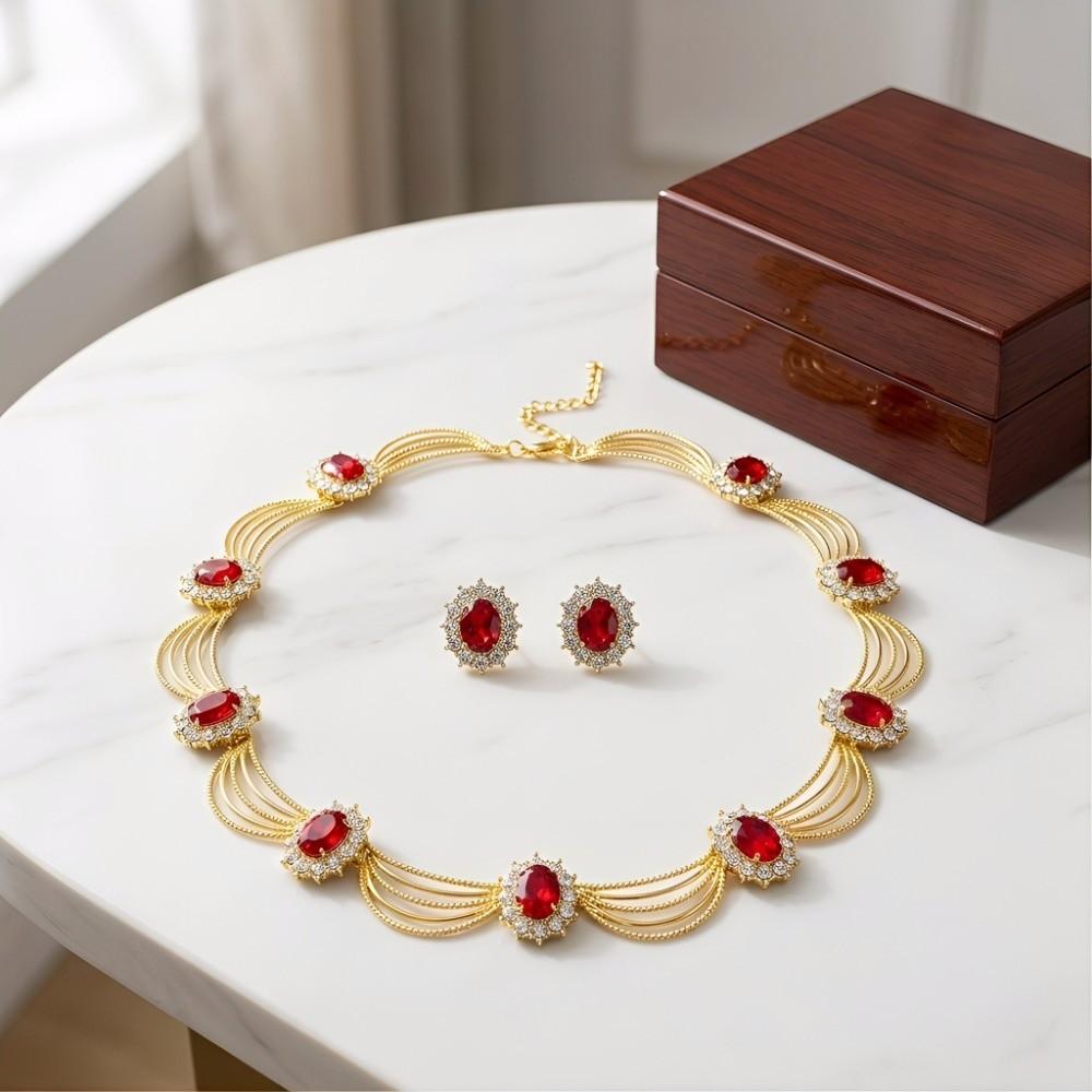 Geometric Necklace Earrings Set Gold-Tone Statement Jewelry Set Gemstone Necklace Set Formal Event