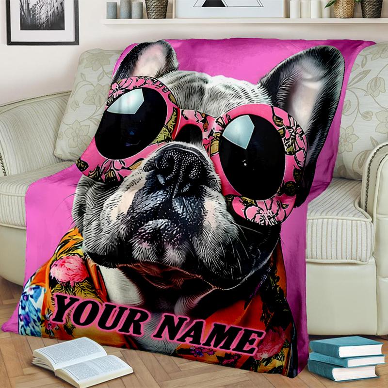 1PC Custom Name Frenchie Floral Sunglasses outdooor Flannel blankets Throw Blanket All-Season Throw Gift Bedspread for Couch, Bed, Camping Holiday Bir