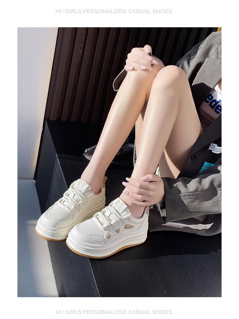 Women's Thick-Soled White Leather Sneakers - 2025 Spring Fashion, Height-Enhancing, Versatile, Casual Sports/Board Shoes