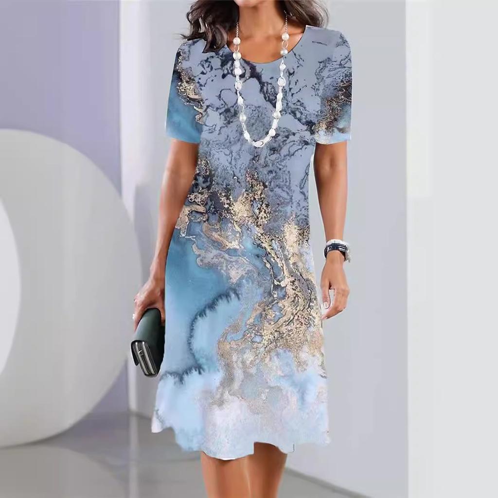 Новое женское платье, модное, универсальное, повседневное, свободное, с большим круглым вырезом, с коротким рукавом