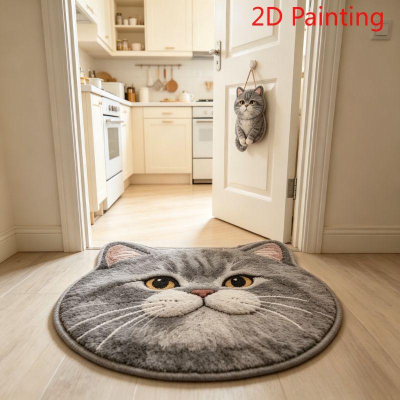 Cute Cat Round Rug, Non-Slip Indoor/Outdoor Entryway Mat, Sound-Absorbing Soft Bedroom Rug, Home Decor