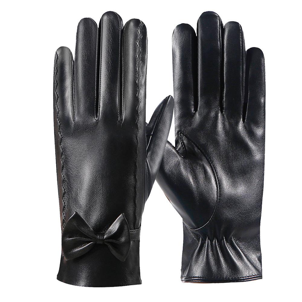 Autumn and Winter Warm Gloves for Women PU Leather Bow Plus Velvet Thickened Cold and Windproof Outdoor Driving Touch Screen