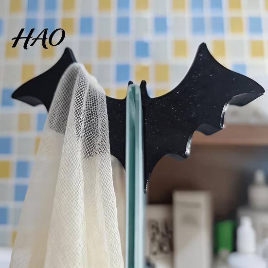 Halloween Themed Bathroom Gadgets 3D Printed Bat Hook for Glass Shower Door, No Drill Snap Shaped on Clip Hanger, Gothic Hanger Towel Loofah Door