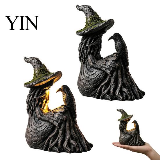 Durable Weather Resistant Ornament Luminous Witch & Raven Figurine with Mossy Tree Texture, Resin Gothic Ancient Crow Statue LED Light for Halloween