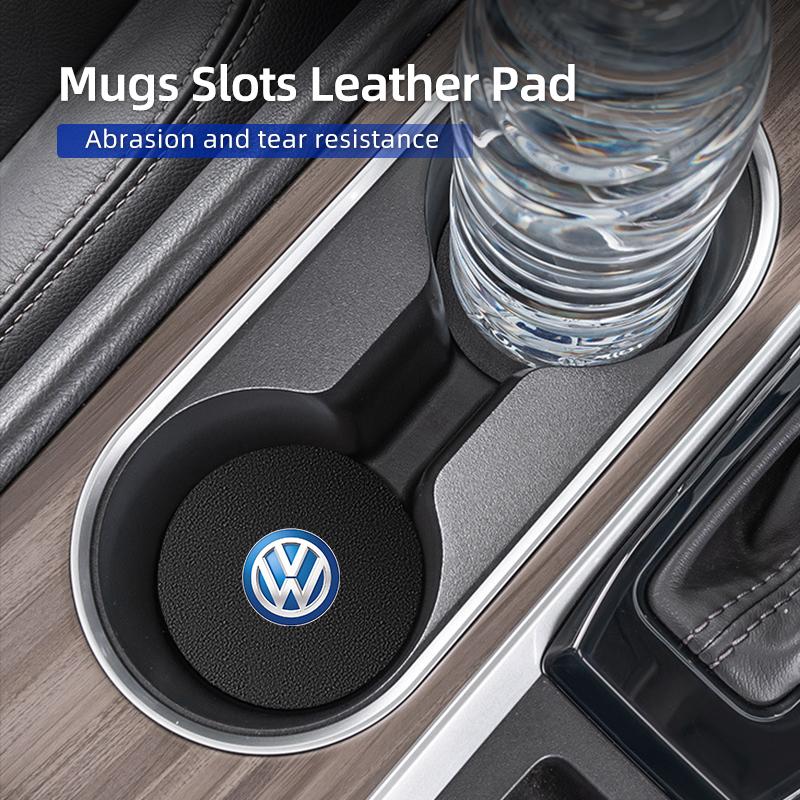 HAT1 2Pcs Car Leather/Carbon Fiber Water Cup Coasters Anti-Slip Pads For VW Scirocco Jetta Beetle Golf Passat Tiguan Sharan Touran