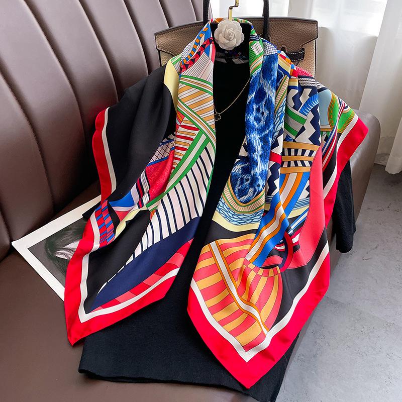 Twill Silk Scarf Women 90cm Square Hijab Shawls And Wraps Female Foulard Headkerchief Elegant Floral Summer Autumn Lady Bandana