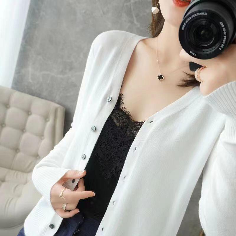 Women's V-Neck Knitted Cardigan Loose Slim Plus Size Sweater All-match Jacket Solid Color Basic Small Cardigans for Spring Autumn