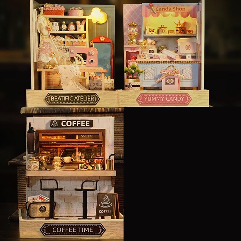 Wood Atelier Insert Candy Shop Model Dollhouses with Light Unique Craft Build Your Own Shop Model Craft