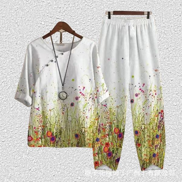 Europe beautiful women casual suit popular fashion summer new five-quarter sleeve printed top pants two-piece set