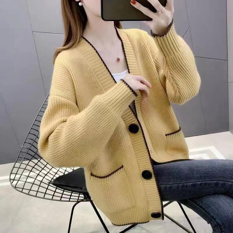 YYFS Женская мода повседневная осень-зима однотонный принт длинный рукав V-образный вырез свитера