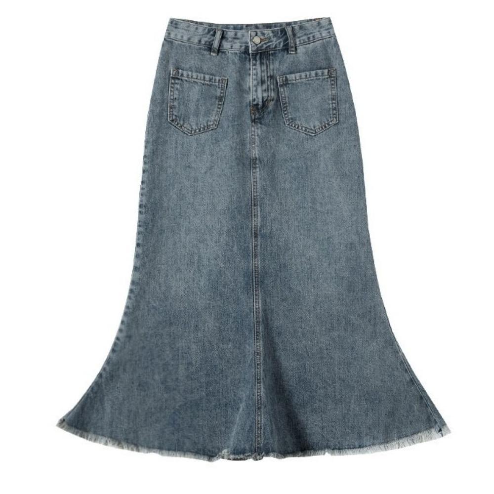 Retro Denim Skirt Women Solid Color Hairy Fishtail Skirt Simple High Waist Long Skirt Daily