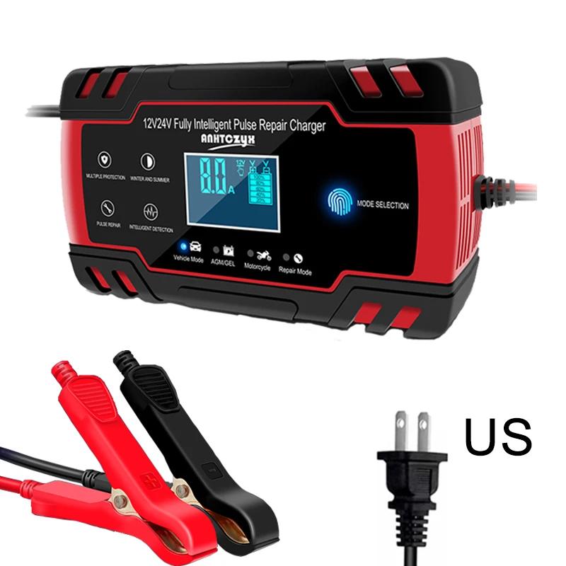 Car Battery Charger 12V 24V Pulse Repair LCD Display Smart Fast Charge AGM Deep Cycle GEL Lead-Acid Charger For Auto Motorcycle