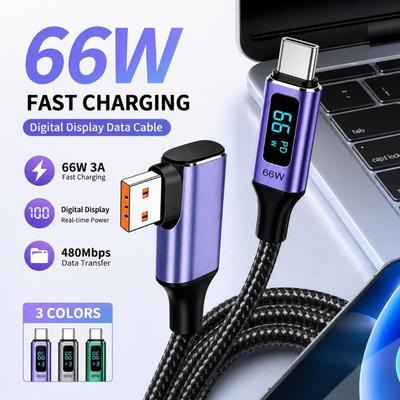 66W Fast Charging USB-A To USB-C Cable Right Angle Digital Display Cable Laptop Charging