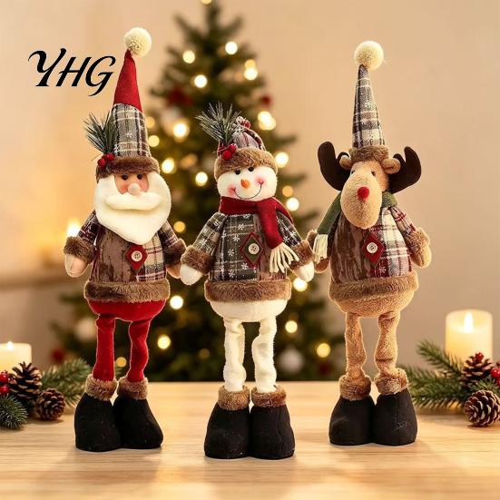 Festive Atmosphere Decoration Christmas Retractable Leg Plush Doll, Santa Snowman Elk Figures with Retro Style Xmas Room Decorations Adjustable