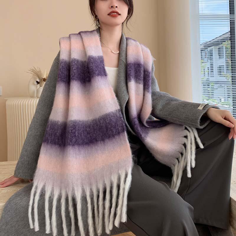 Winter New Scarf Women's Winter Thickened Warm Scarf Colored Plaid Fringed Scarf Shawl Fashionable Outer Cover