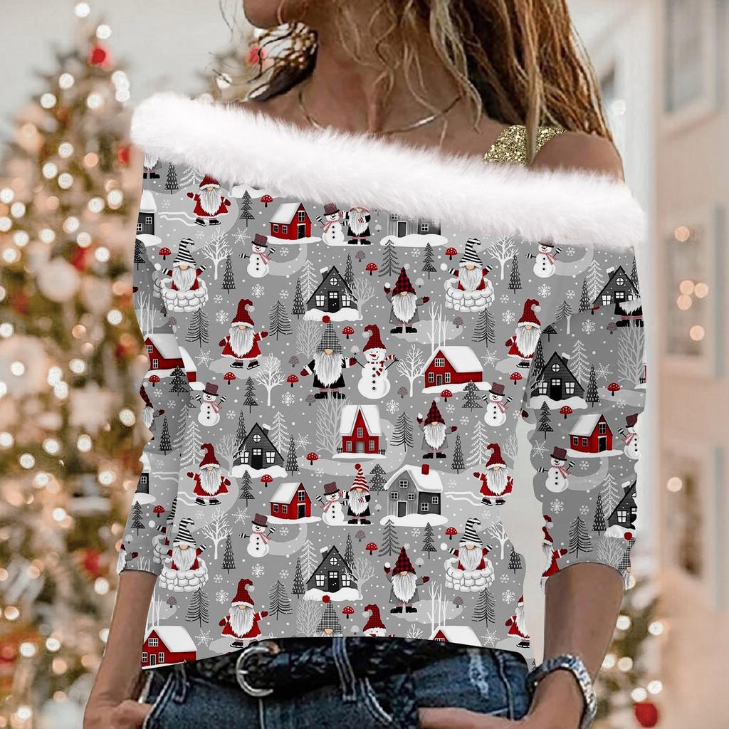 Женские топы с длинными рукавами. Модные женские свободные пуловеры с открытыми плечами с рождественским принтом.