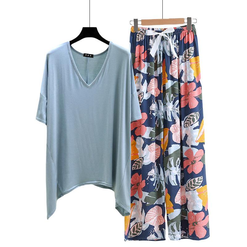 Необычная футболка и широкие брюки с цветочным принтом летние женские повседневные пижамные комплекты Костюм для дома с коротким рукавом Свободный легкий костюм для отдыха Большие размеры
