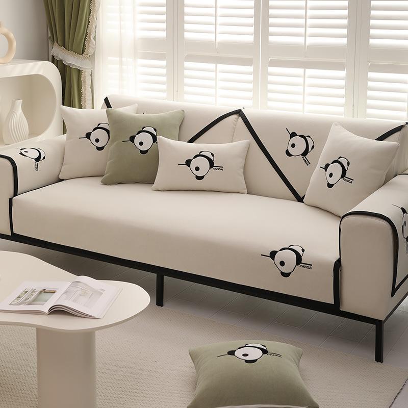Panda Embroidered Sofa Cushion Chenier Four-Season Universal Non-Slip Sofa Cover, High-Grade Seat Cushion Leather Sofa Back Towel