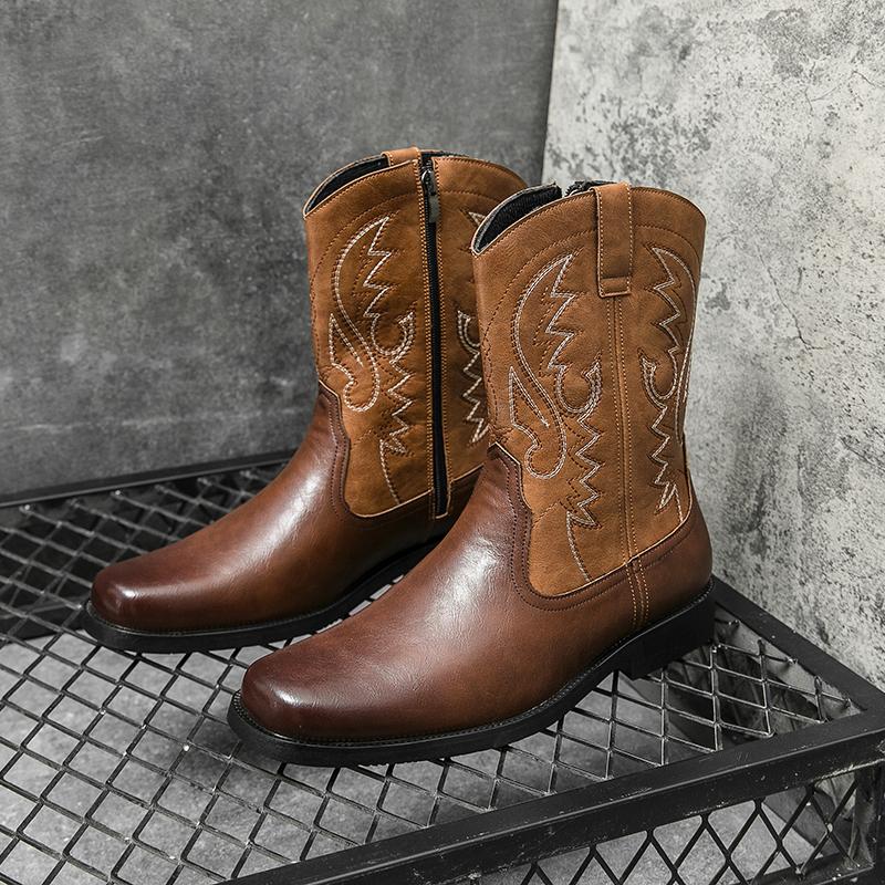 High Quality Embroidery Leather Boots Men Classic High Top British Men's Boots Motorcycle Shoes Men Ankle Western Cowboy Boots Male
