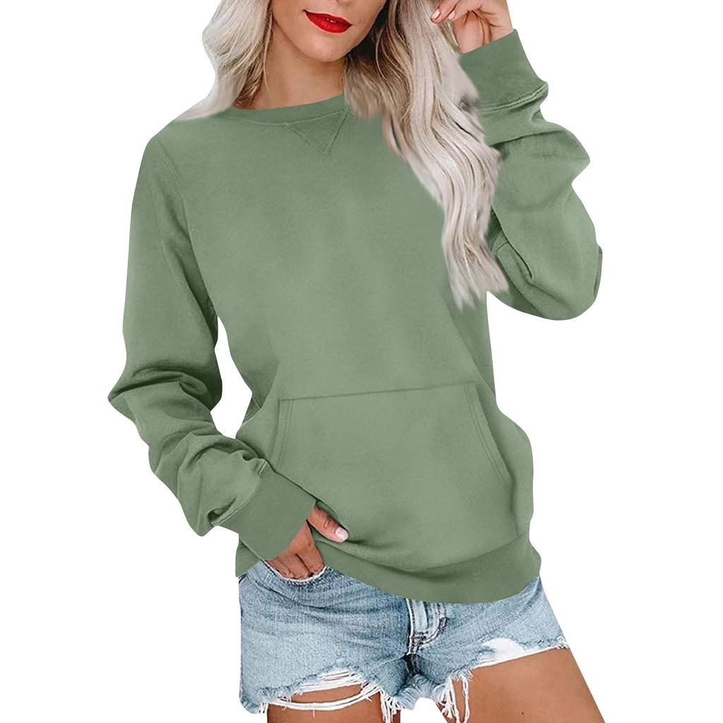 Women's Casual Fashion Comfortable Long Sleeve Solid Color Round Neck Pocket Sweater Tops