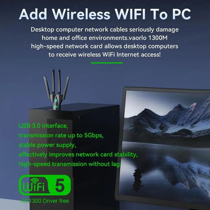 Двухдиапазонный USB-адаптер Wi-Fi 1300 Мбит/с 2,4 ГГц / 5 ГГц Wi-Fi Dongle USB 3.0 802.11Ac Беспроводной приемник с 4 антеннами для ПК/ноутбука Без драйверов