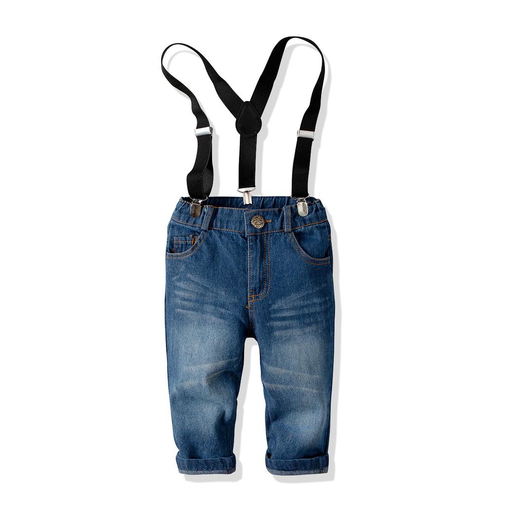 Рубашка с длинными рукавами для мальчиков + джинсы на подтяжках, джентльменские костюмы на осень и зиму, новинка