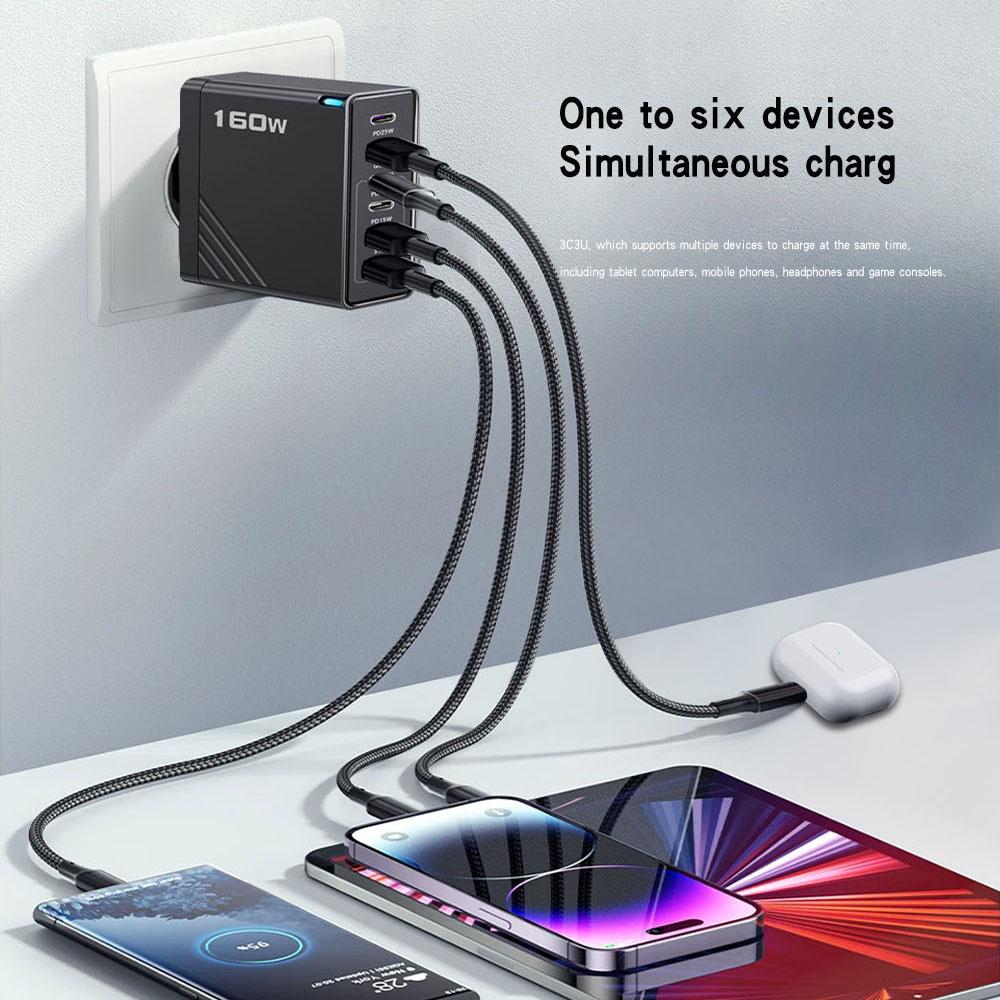 Зарядное устройство USB Type C 160 Вт, многопортовое, быстрая зарядка, адаптер для зарядки телефона для iPhone Samsung Xiaomi, настенное зарядное устройство с вилкой EU/US