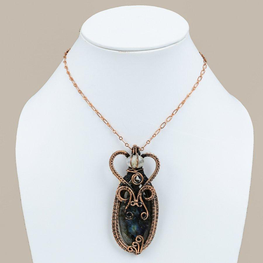 Labradorite, Moonstone Copper Wire Wrap Jewelry Pendant 3.47" M1i51
