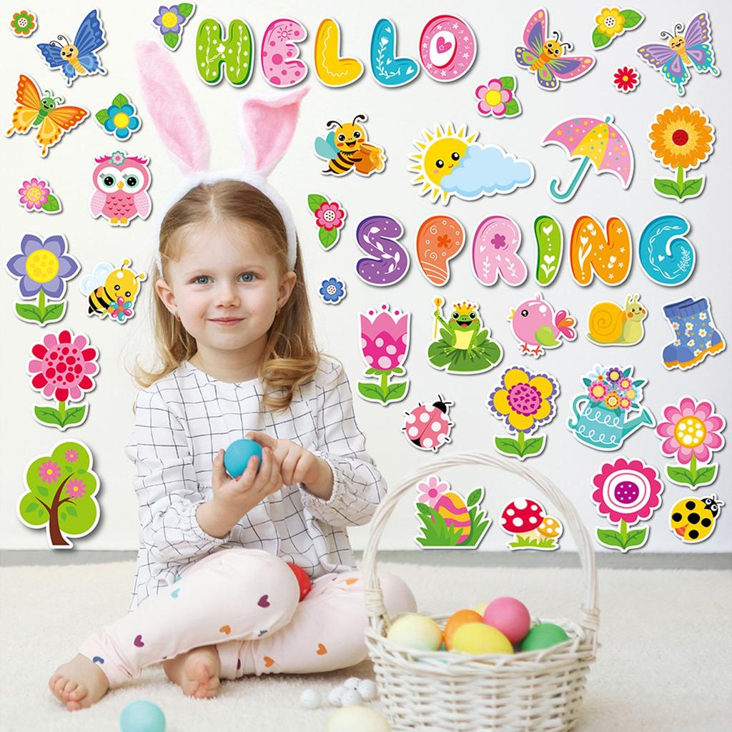 70 Pieces Spring Bulletin Board Decoration, Colorful Spring Cutouts Cute Spring Flowers Butterflies Birds Bees Bulletin Border Wall Stickers