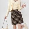 Женская шерстяная юбка с высокой талией Зимняя А-силуэта Клетчатая Облегающая Мини-юбка Ретро Мода