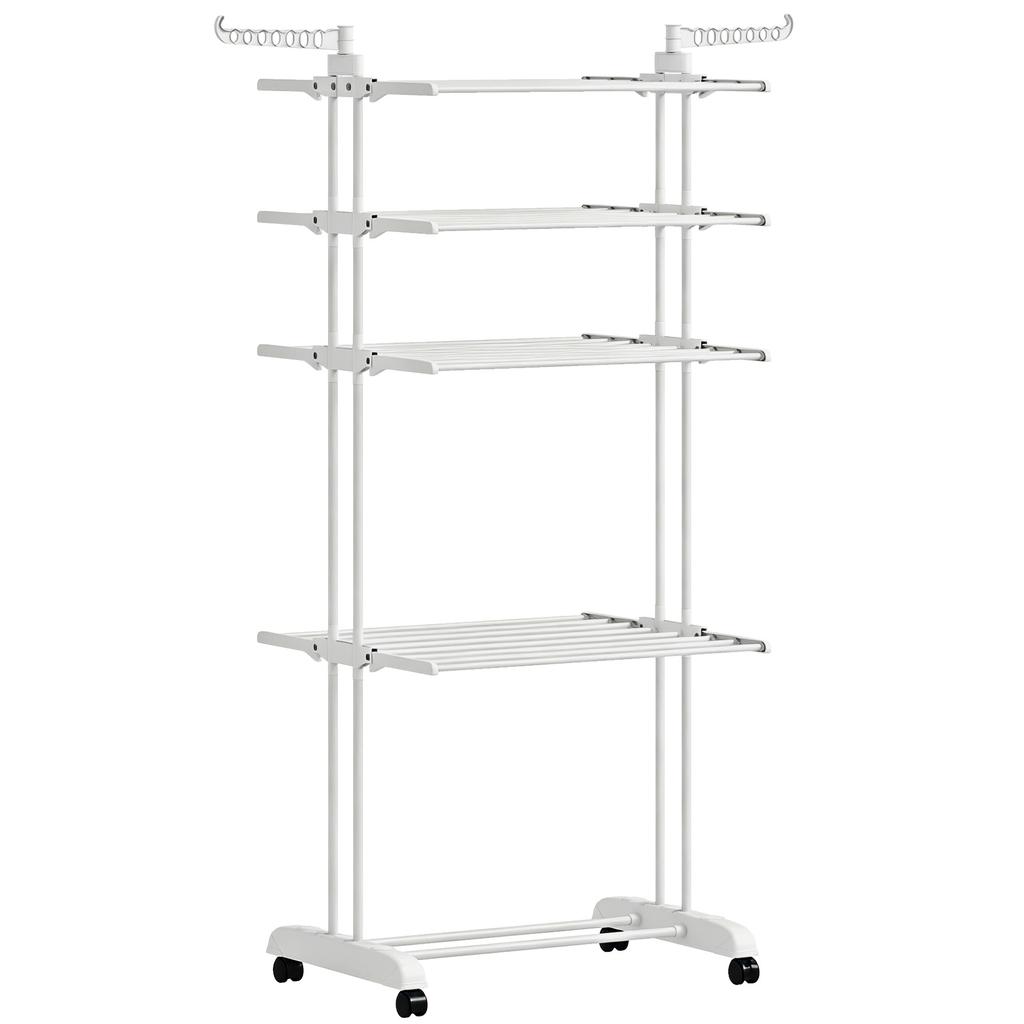 Foldable 4 Tier Clothes Dryer With Wheels Indoor Laundry Drying Rack With Side Wings Steel Frame White