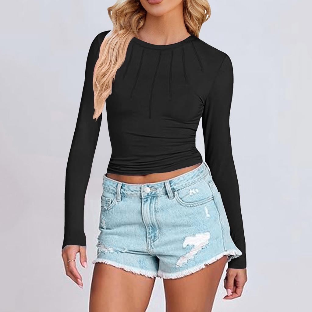 Women's Fashionable Round Neck Slim Fit Solid Color Pleated Long Sleeved Casual Top T-Shirt