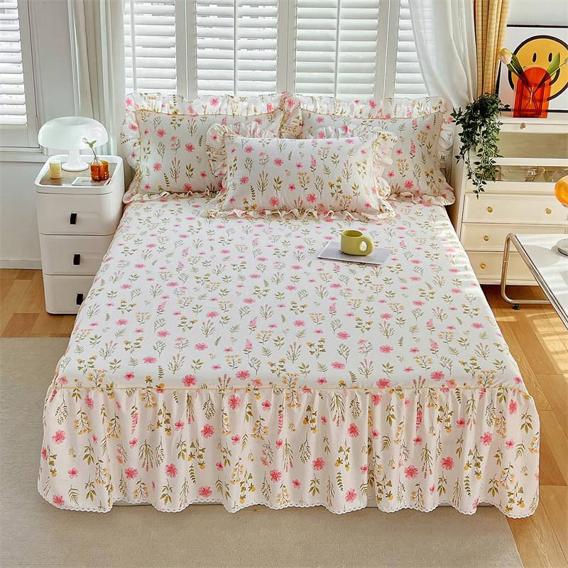 1c Pure Cotton Bed Skirt Floral Style Bed Cover Lace Mattress Protector Skin-friendly Bedspread Roupa De Cama (No Pillowcase)
