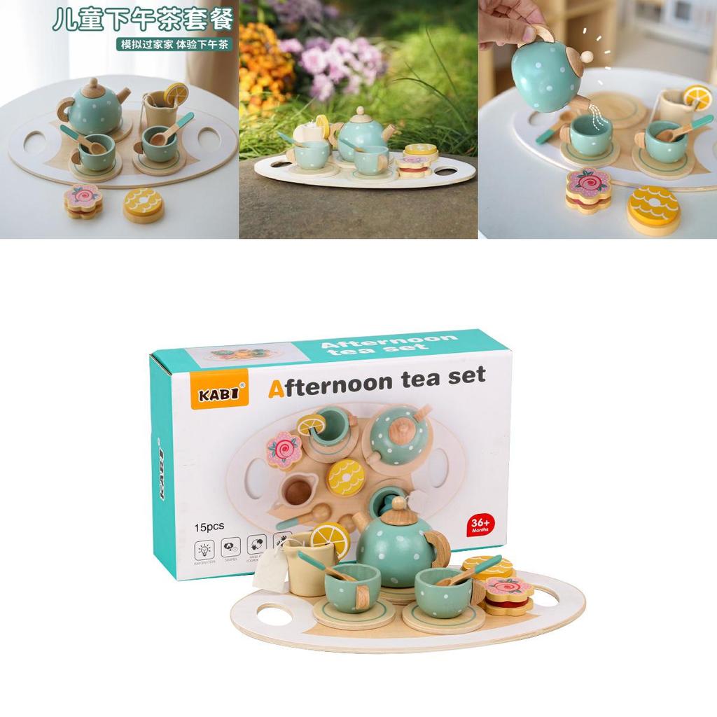 Kid Wooden Tea Set With Pretend Sweets Teapots For Early Education And Role Playing
