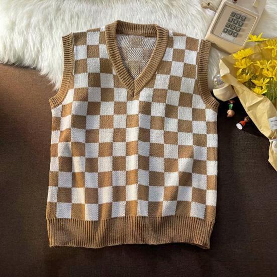 Свитер в студенческом стиле без рукавов с v-образным вырезом и ребристой отделкой, осенне-зимний клетчатый лоскутный цветной мужской вязаный жилет