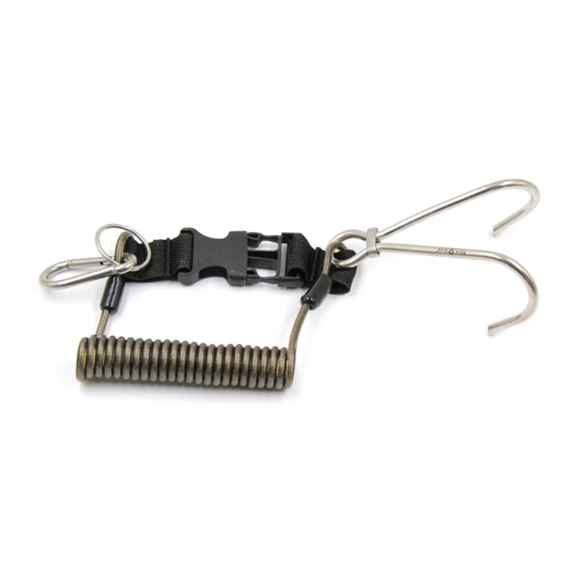 Пружинный трос Рифовый двойной крюк Нержавеющая сталь Подводное плавание Рифовый крюк со спиральным шнурком и быстросъемной пряжкой