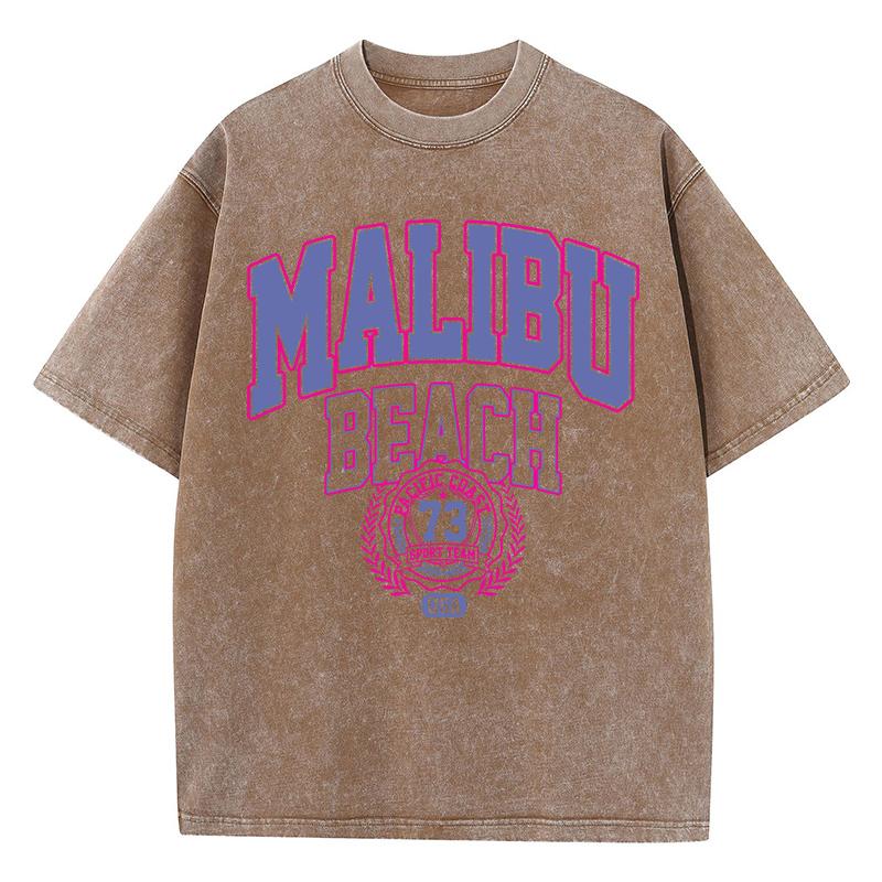 Vintage Woman Acid Wash T-Shirts Malibu Beach Pacific Coast Sport Team Prints Tops Crewneck Cotton Oversize Tees Clothes