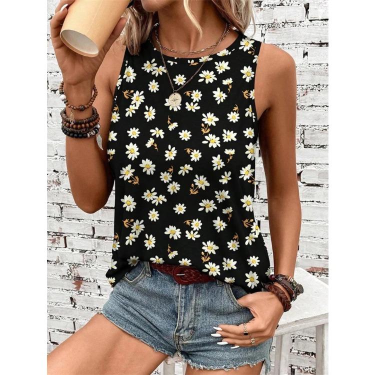 Flower Pattern 3D Print Women's Tank Tops Summer O-Neck Casual Vest Off Shoulder Sleeveless Top