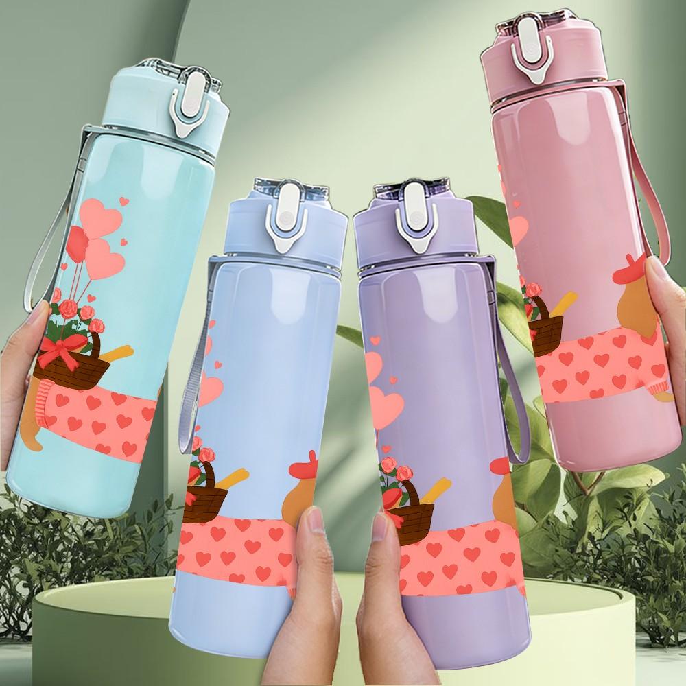 1PC Floral Dachshund Puppy 750ml Color Plastic Sports Water Bottle Leakproof Flip Straw Lid Suitable for Sports Office Home Use