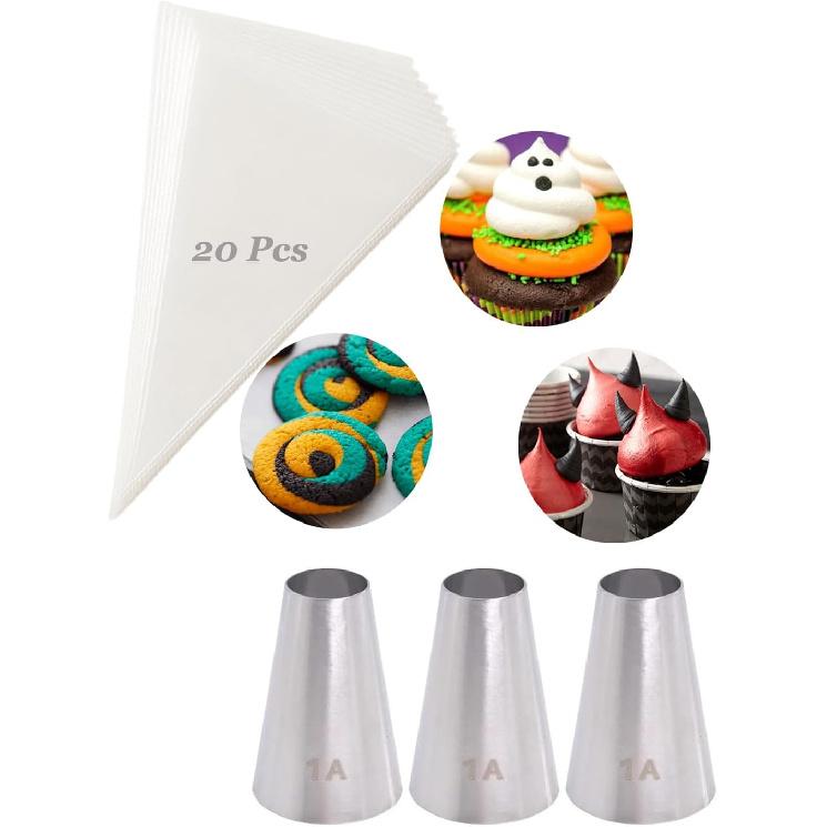 1A Piping Tips and Bags, 3 Large 1A Frosting Tips & 20 Disposable 12" Bags for Swirls, Macarons, Eclairs & More