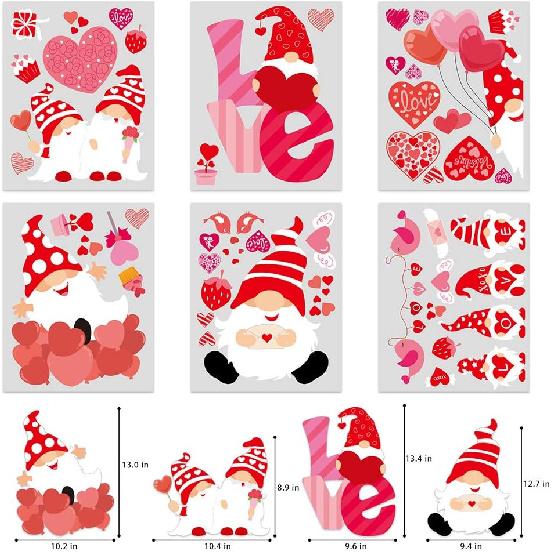 CCINEE Valentine's Day Window Cling,6 Sheet Heart Gnome Elf Window Sticker Decals for St. Valentine's Day Wedding Party Home Window Decoration Supply