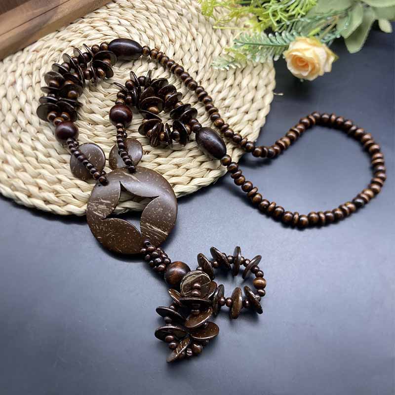 Коричневые украшения винтажный этнический стиль деревянный хлопок и лен стиль круглый бисер цепочка длинное ожерелье