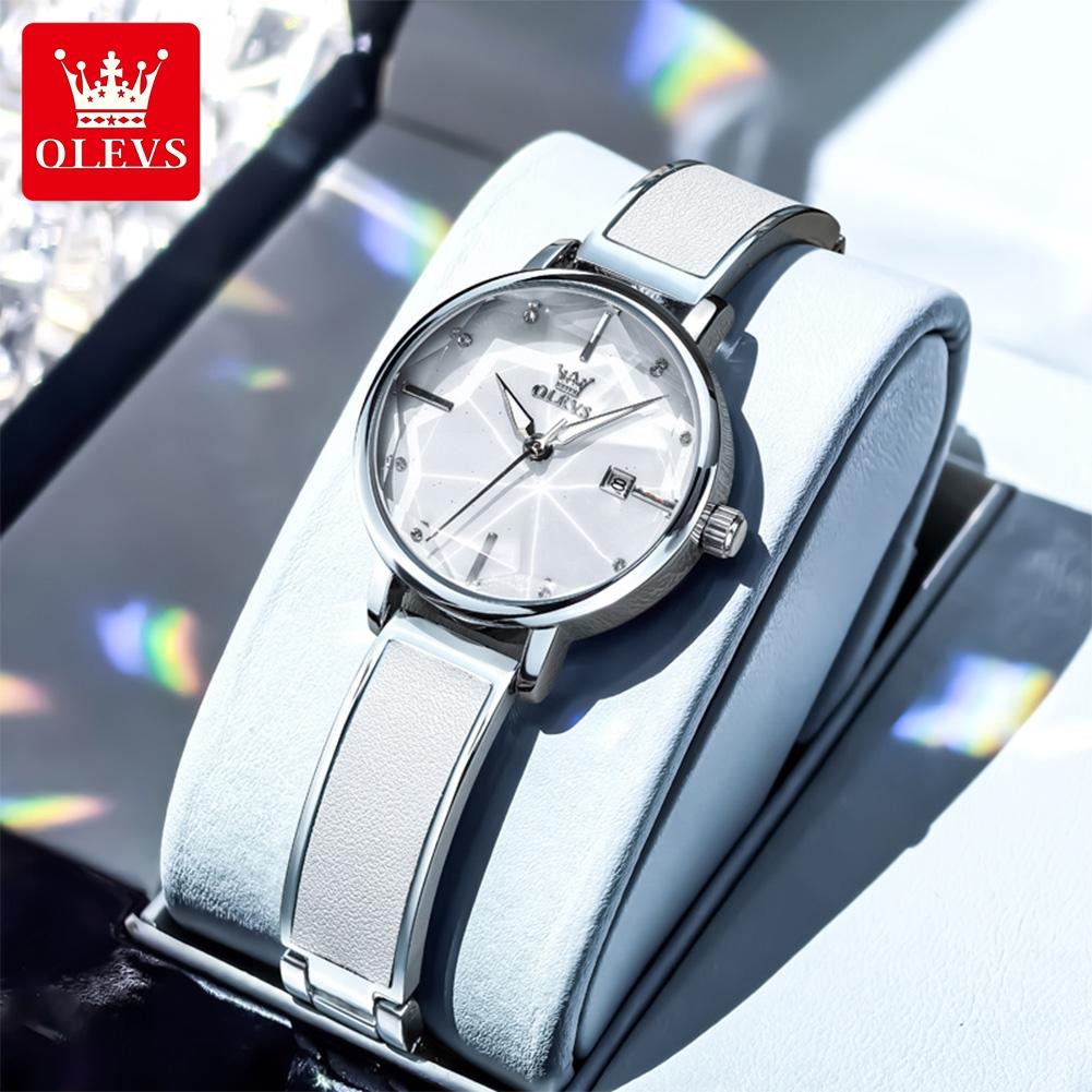 OLEVS Watches for Woman Original Leather Strap Steel Belt Fashion Rhombus Mirror Auto Date Waterproof Quartz Watches 5656 New In