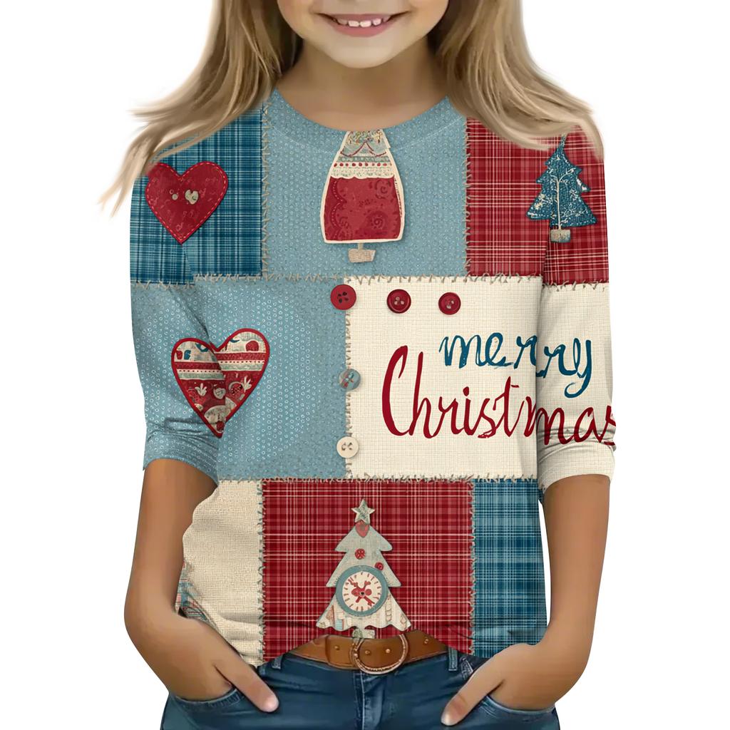 Children's 3/4 Sleeve Round Neck Top Christmas Tree Printed Everyday Casual Top
