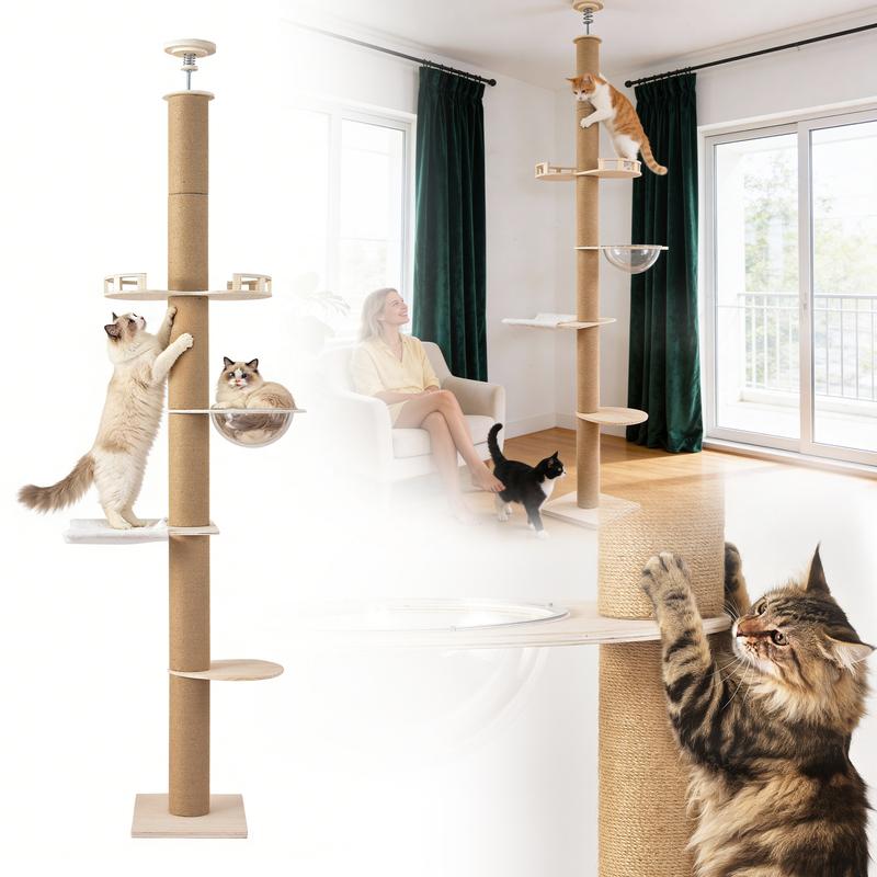 Floor to Ceiling Cat Tree 102-104 in Adjustable Height, Solid Wood Multi-Level Cat Tower with Scratch Post and Hammock for Large Indoor Cats
