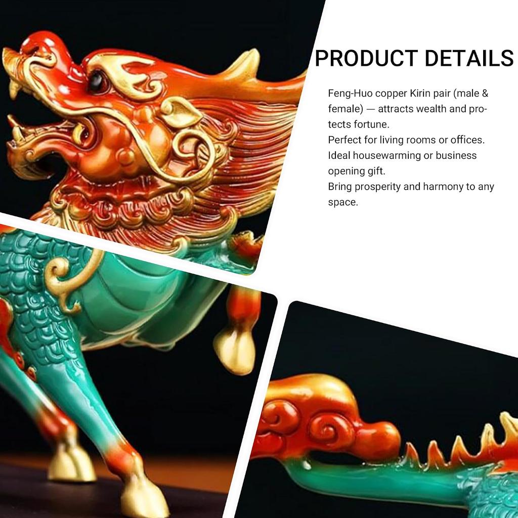 Aris & Juno Hand-Painted Copper Pair of Auspicious Qilin Statues, Traditional Chinese Mythical Beast Blessing Sculptures, Feng Shui Office Desk Home